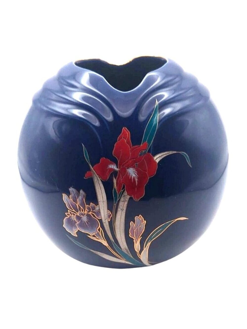 Porcelain Vase Iris Floral Ribbed Fine China Blue Round Vintage Art Deco Japan